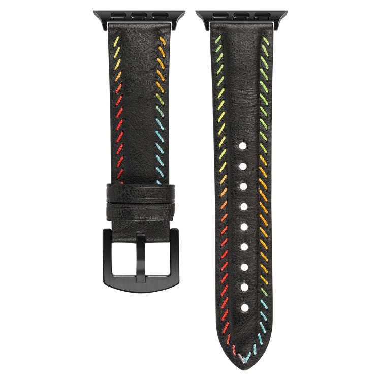 For Apple Watch Series 7 41mm Colorful Sewing Thread Leather Watch Band(Black)