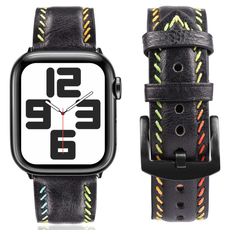 For Apple Watch Series 7 45mm Colorful Sewing Thread Leather Watch Band(Black)