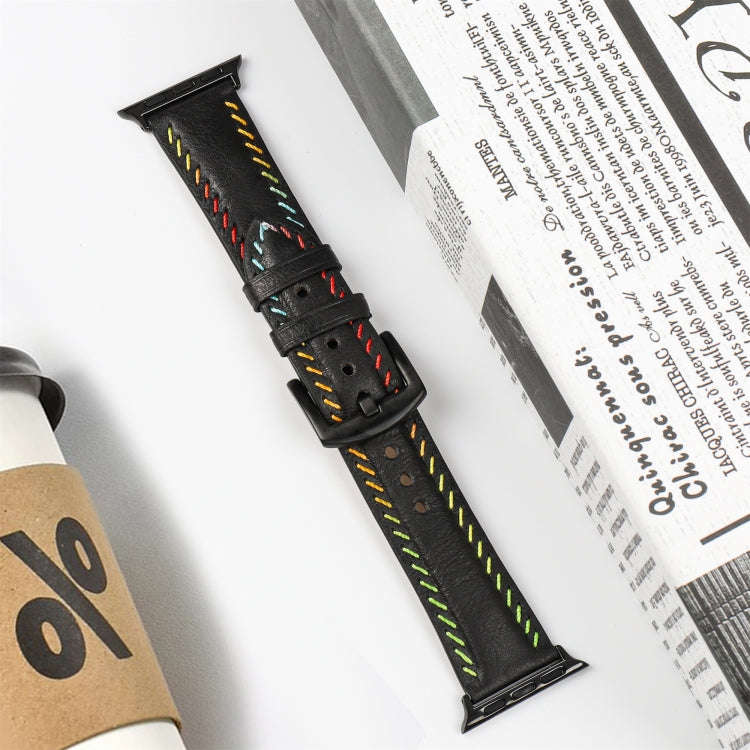 For Apple Watch Series 7 45mm Colorful Sewing Thread Leather Watch Band(Black)