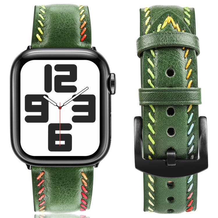 For Apple Watch Series 7 45mm Colorful Sewing Thread Leather Watch Band(Green)