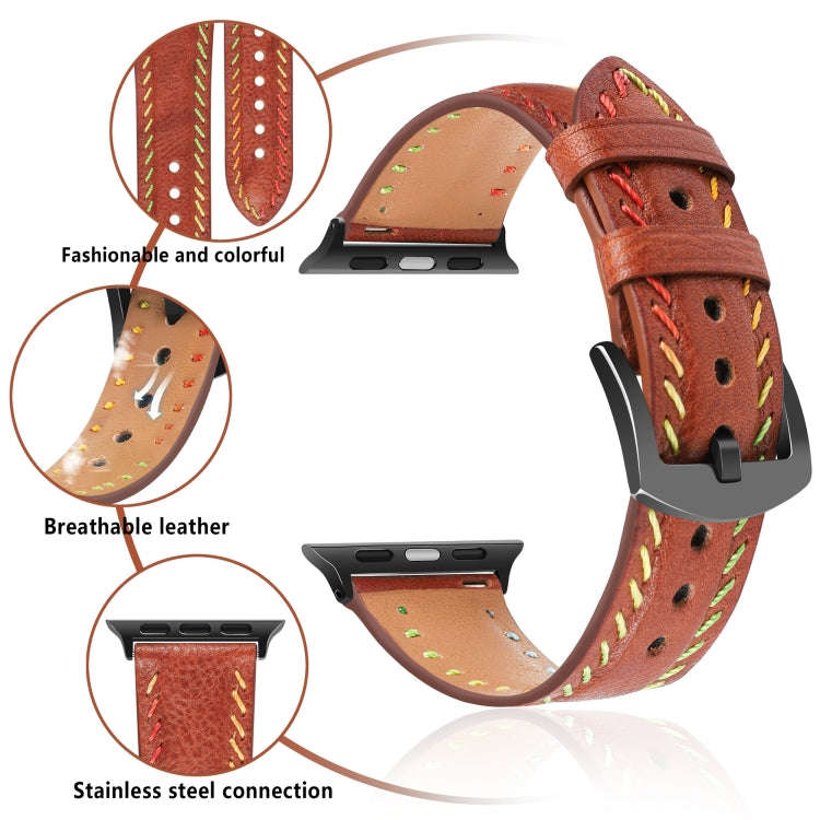 For Apple Watch Series 6 40mm Colorful Sewing Thread Leather Watch Band(Brown)