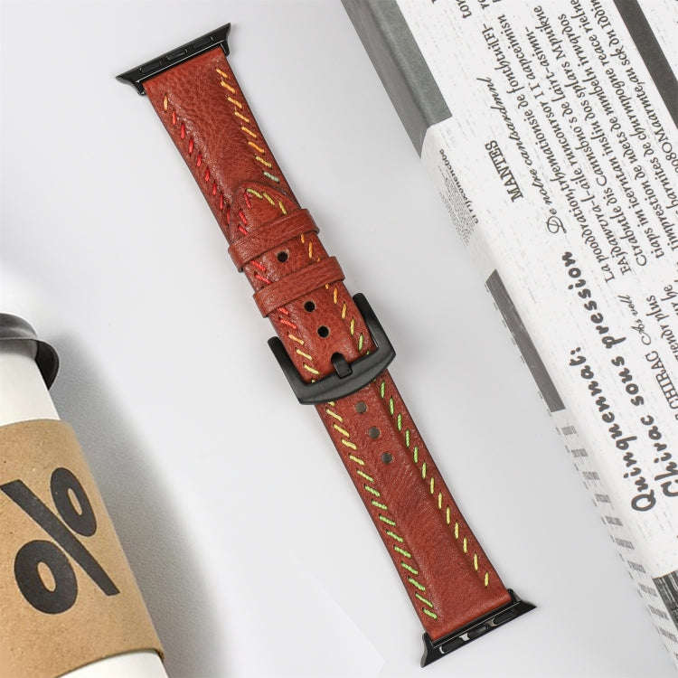 For Apple Watch Series 6 44mm Colorful Sewing Thread Leather Watch Band(Brown)