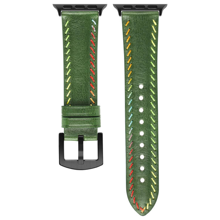 For Apple Watch Series 3 42mm Colorful Sewing Thread Leather Watch Band(Green)