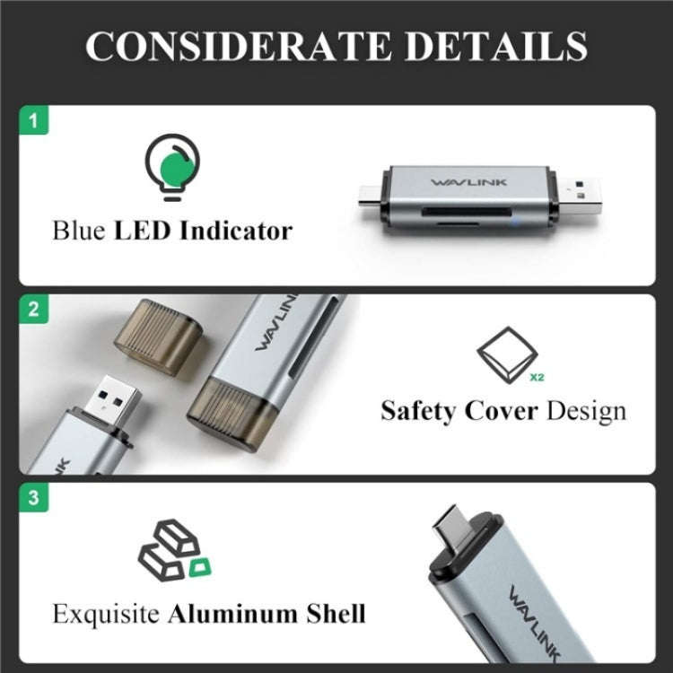 WAVLINK WL-CR3002 Multi-Function Mini Aluminum Alloy Shell Type-C+USB3.0 SD/TF Card Reader