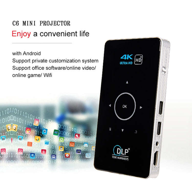 C6 2GB+32GB Android Smart DLP HD Projector Mini Wireless Projector, US Plug (White)