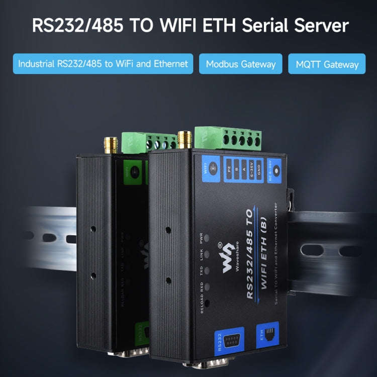 Waveshare Industrial Grade Serial Server RS232/485 to WiFi / Ethernet RJ45 Network Port with POE ...