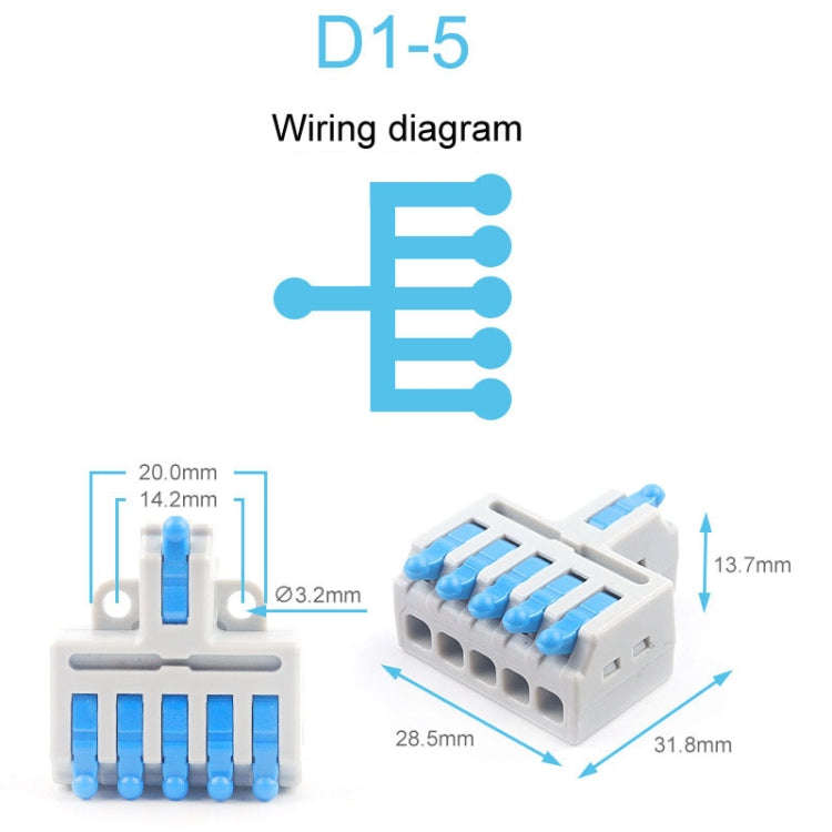 5pcs D1-5 Push Type Mini Wire Connection Splitter Quick Connect Terminal Block(Blue)