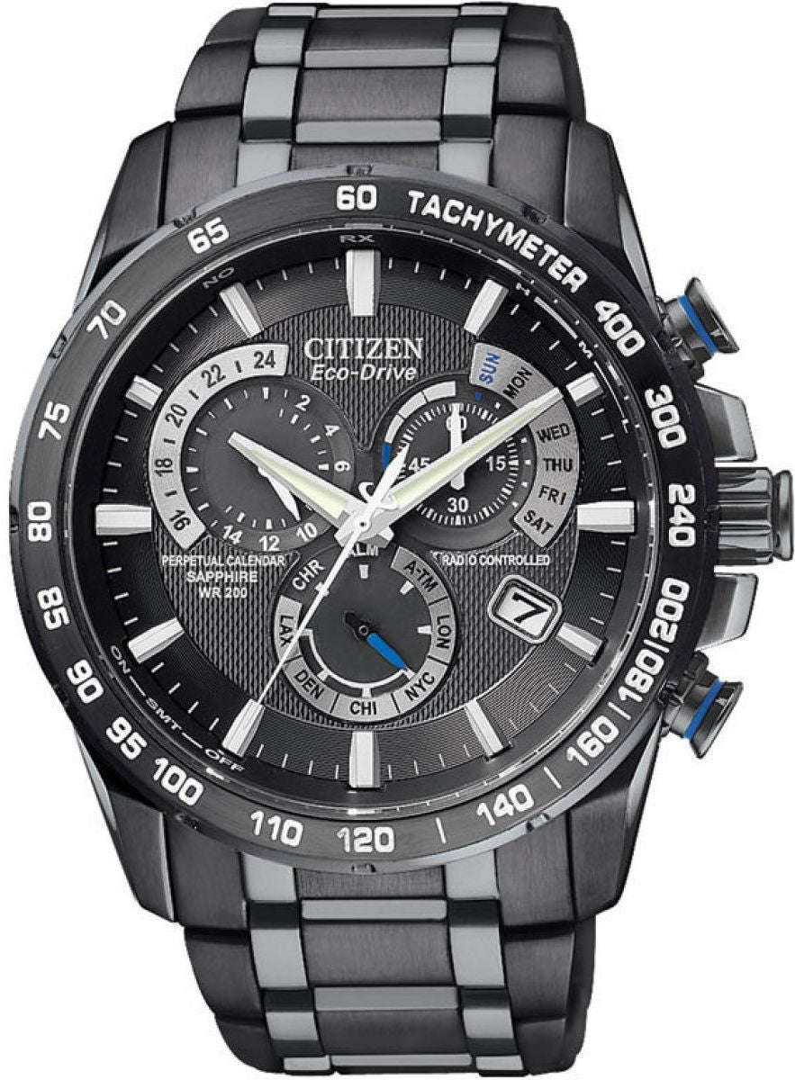 Authentic CITIZEN Eco Drive Black Stainless Steel Perpetual Calendar Atomic Timekeeping Mens Watch