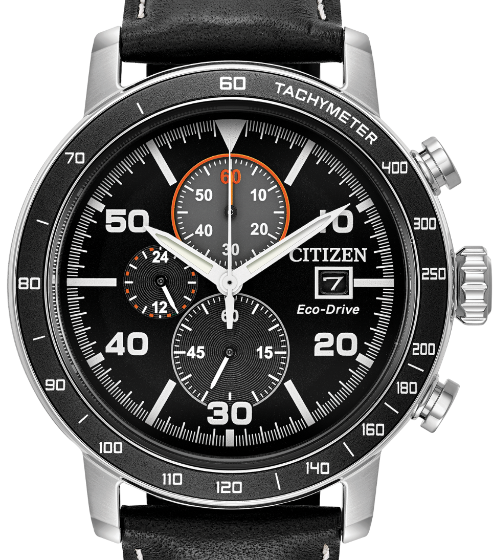 Authentic CITIZEN Eco-Drive Black Leather Chronograph Mens Watch