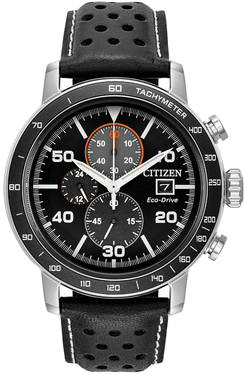 Authentic CITIZEN Eco-Drive Black Leather Chronograph Mens Watch
