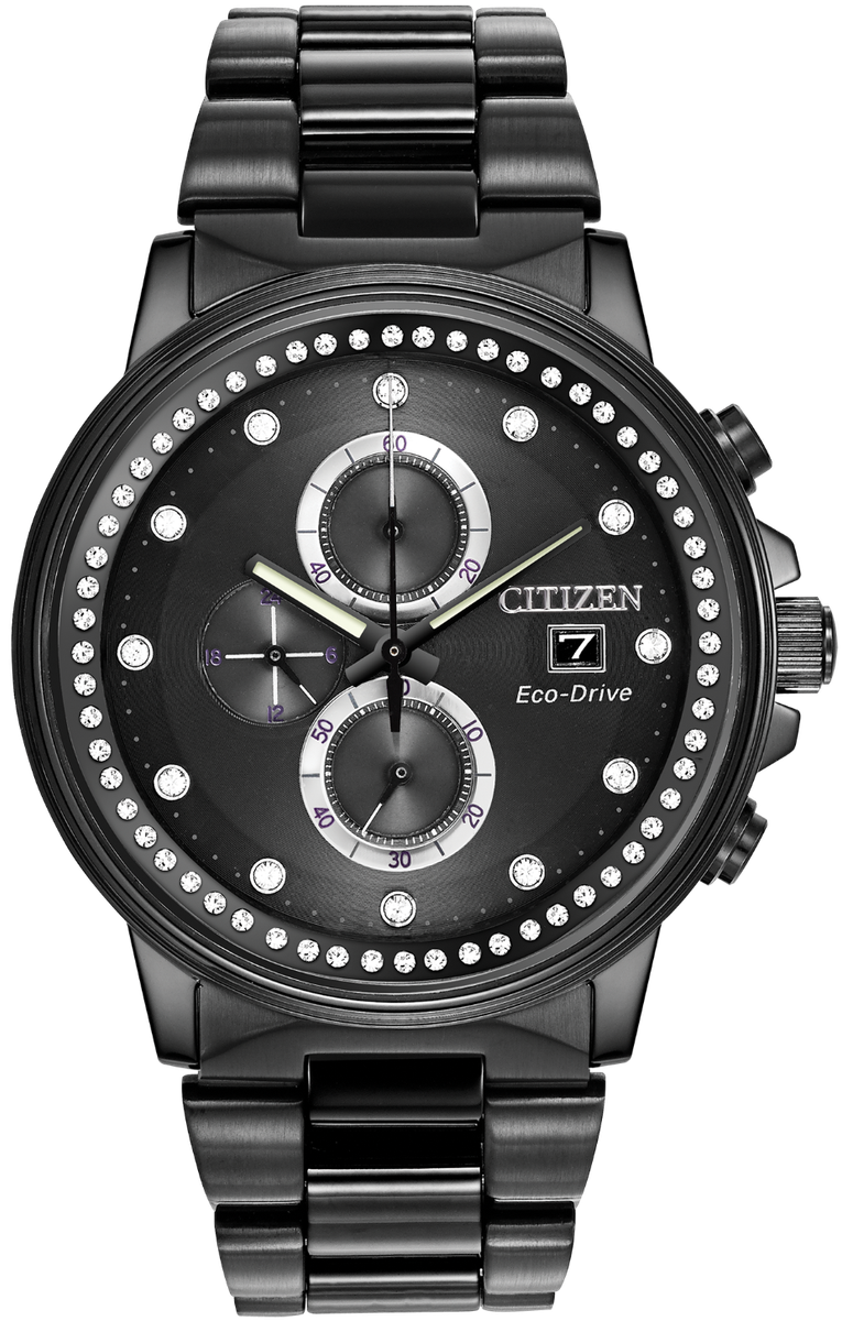 Authentic CITIZEN Eco-Drive NightHawk Crystal Accented Chronograph Ladies Watch