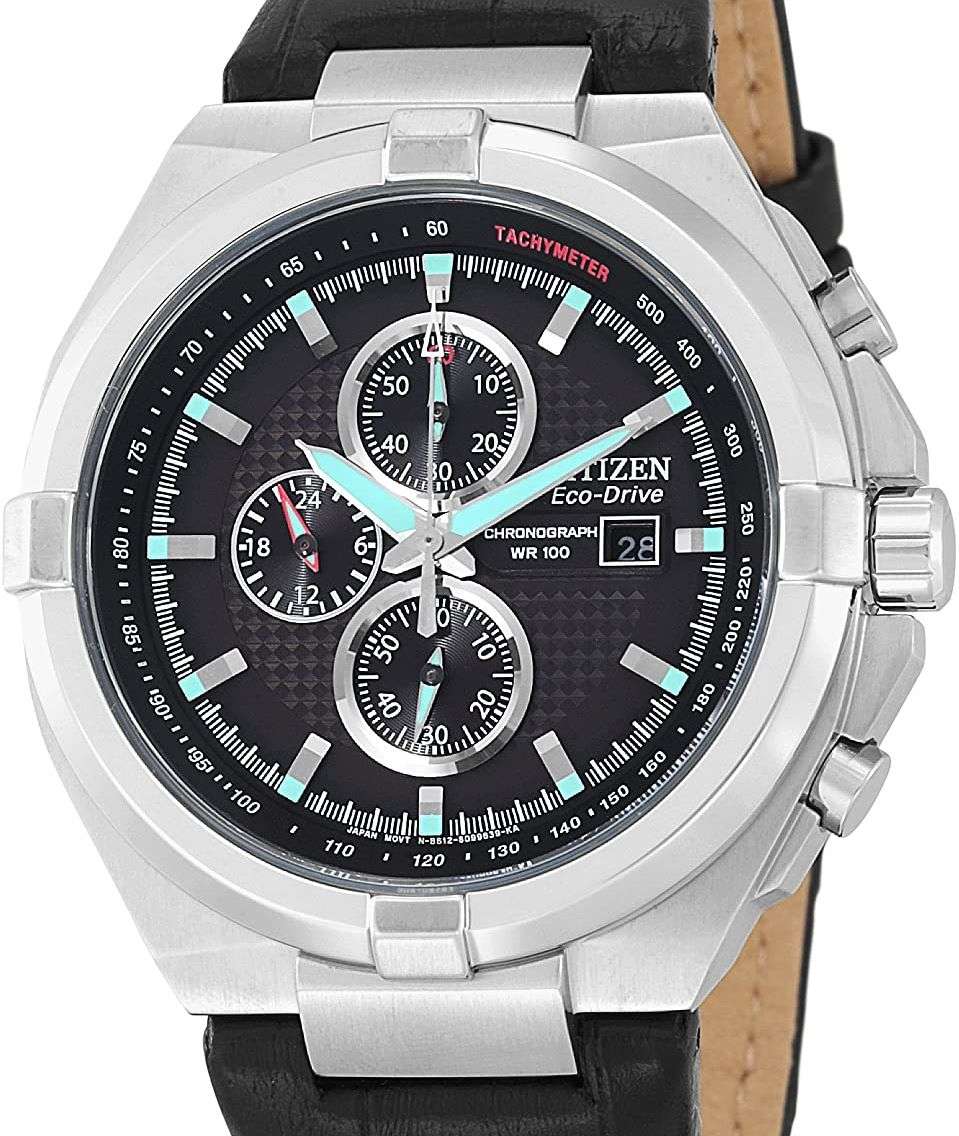 Authentic CITIZEN Eco-Drive Black Leather Chronograph Mens Watch