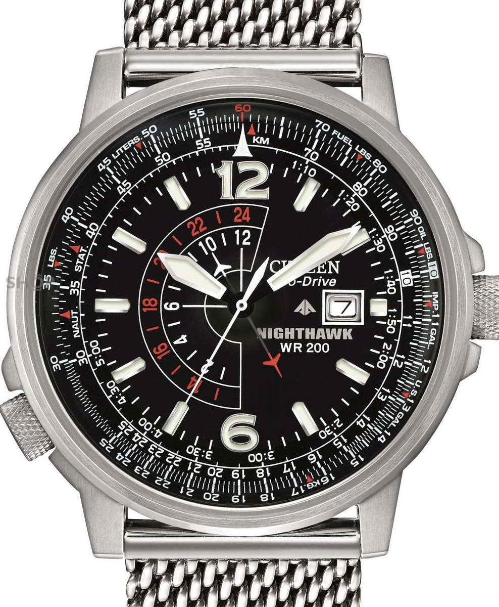 Authentic CITIZEN Eco-Drive Nighthawk Pilot Stainless Steel Mesh Band Mens Watch