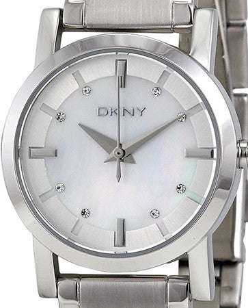 Authentic DKNY Stainless Steel Crystal Accented Mother Of Pearl Ladies Watch