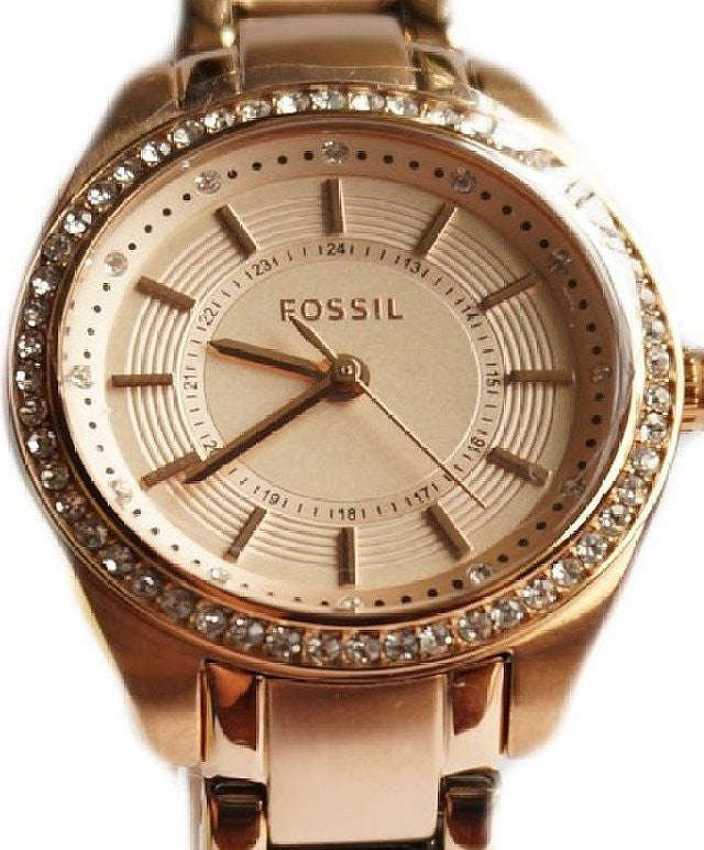Authentic FOSSIL Crystal Accented Rose Gold Stainless Steel Ladies Watch
