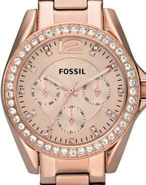 Authentic FOSSIL Riley Crystal Accented Multifunction Rose Gold Ladies Watch