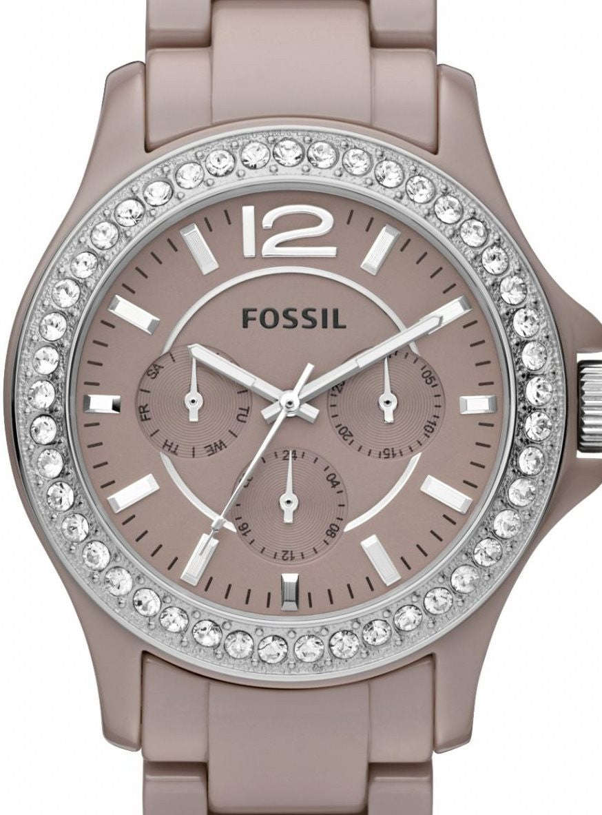 Authentic FOSSIL Riley Crystal Accented Antique Pearl Ceramic Multifunction Ladies Watch