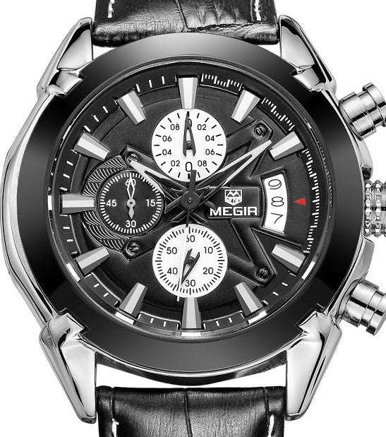 MEGIR Black Leather Chronograph Mens Watch