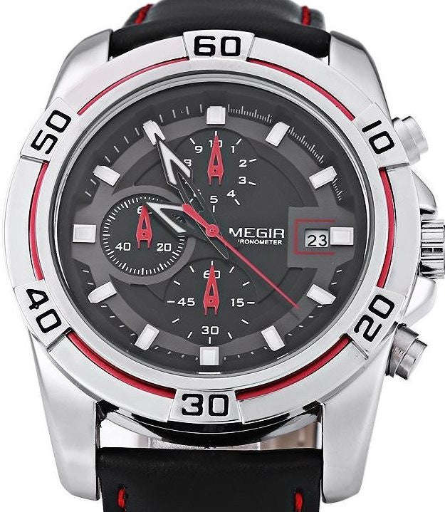 MEGIR Black Leather Chronograph Mens Watch
