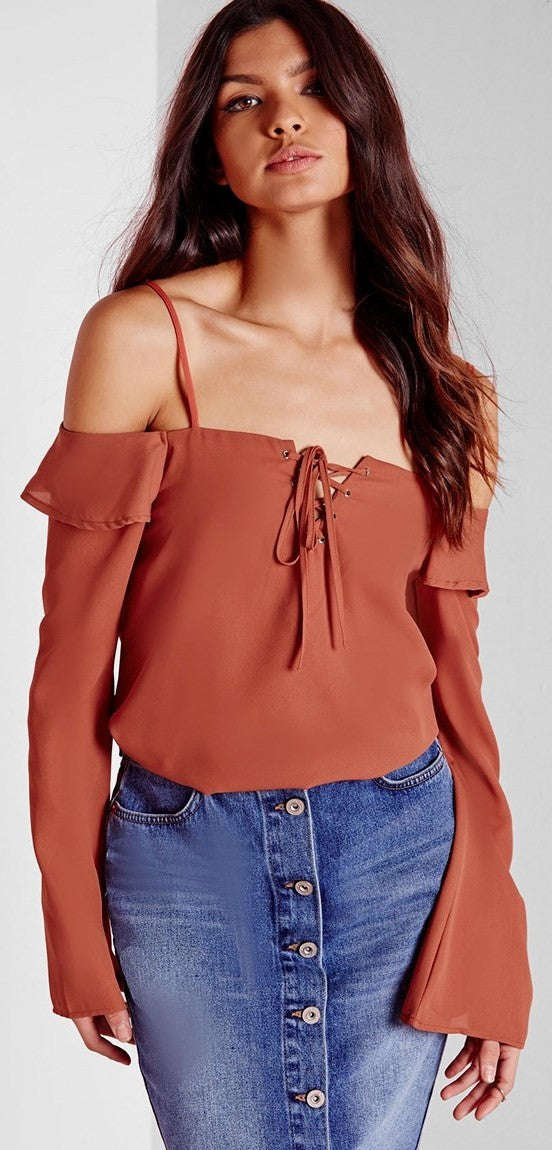 MISSGUIDED Cold Shoulder Eyelet Blouse