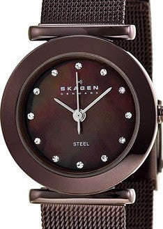 Authentic SKAGEN Denmark Crystal Accented Brown Mother Of Pearl Ladies Watch