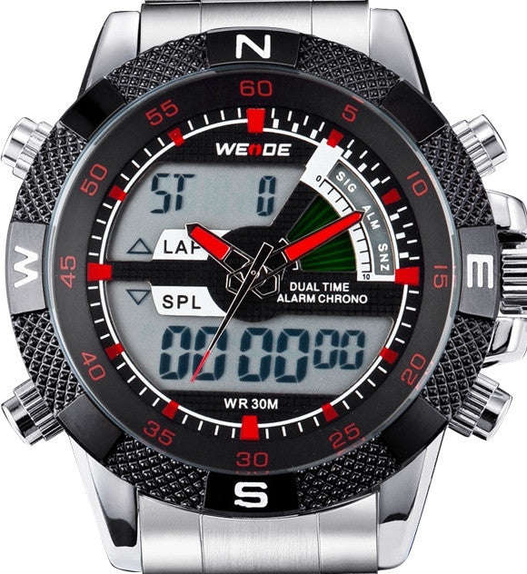 WEIDE Dual Time Alarm Chronograph Stainless Steel Oversized Mens Watch