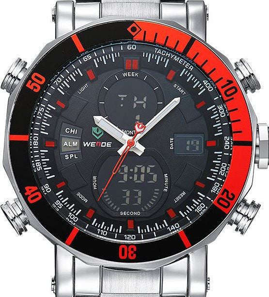 WEIDE Dual Time Alarm Chronograph Stainless Steel Oversized Mens Watch