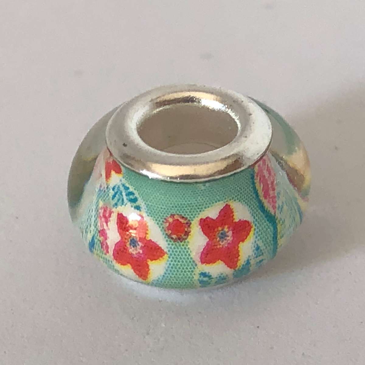 Murano-type Glass Bead Fit Pandora: Clear Light Blue & Red Flower Garden Design
