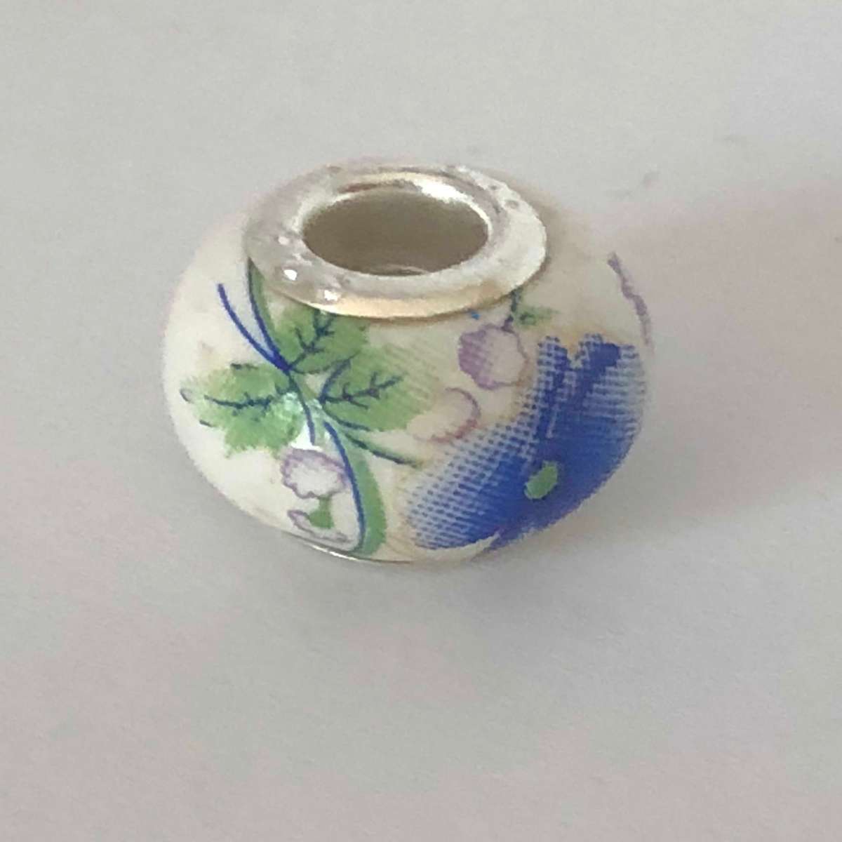 Murano-type Bead Fit Pandora: White Ceramic Blue & Green Flower Design