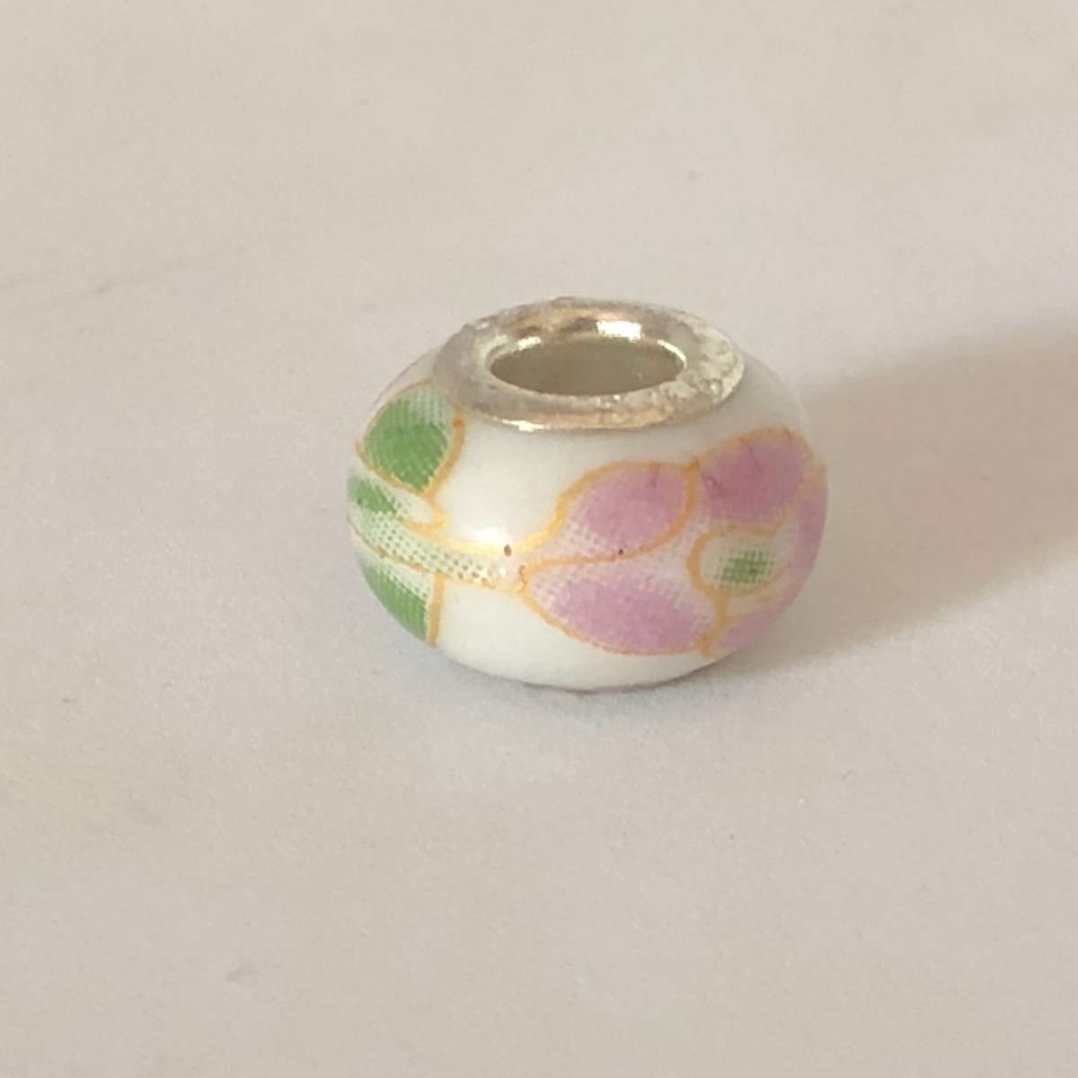 Murano-type Glass Bead Fit Pandora: Ceramic, White Yellow & Pink Flower