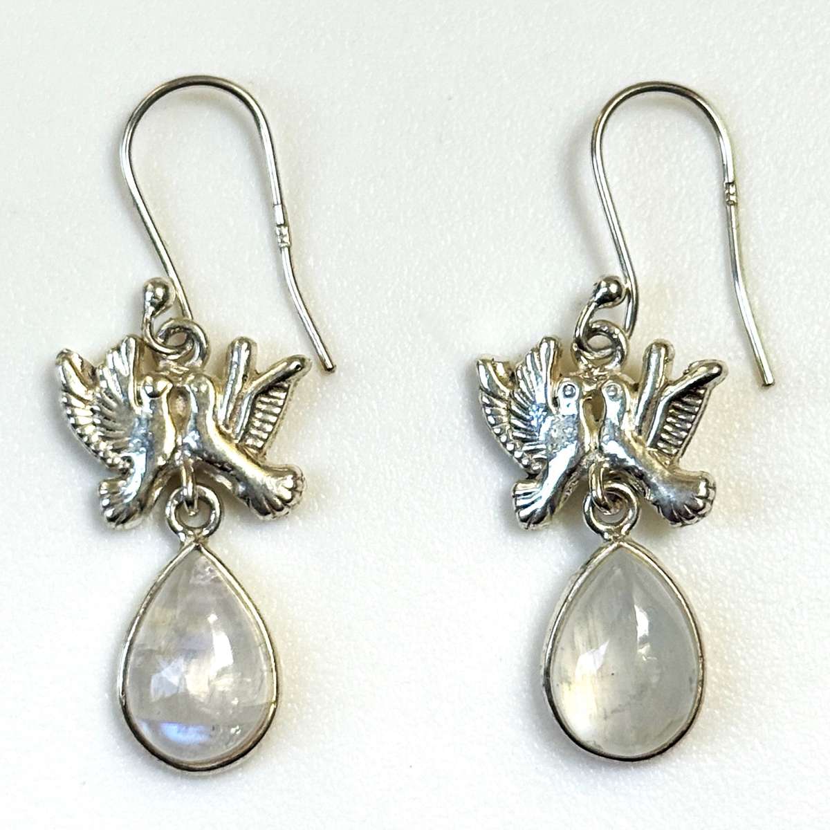 Sterling Silver and Moonstone Kissing Doves Drop Earrings