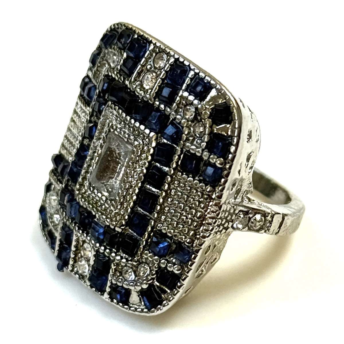 Large Vintage-Style White Metal and Rhinestone Novelty Ring