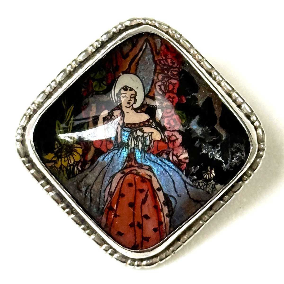 Small Antique Sterling Silver and Butterfly Wing Brooch