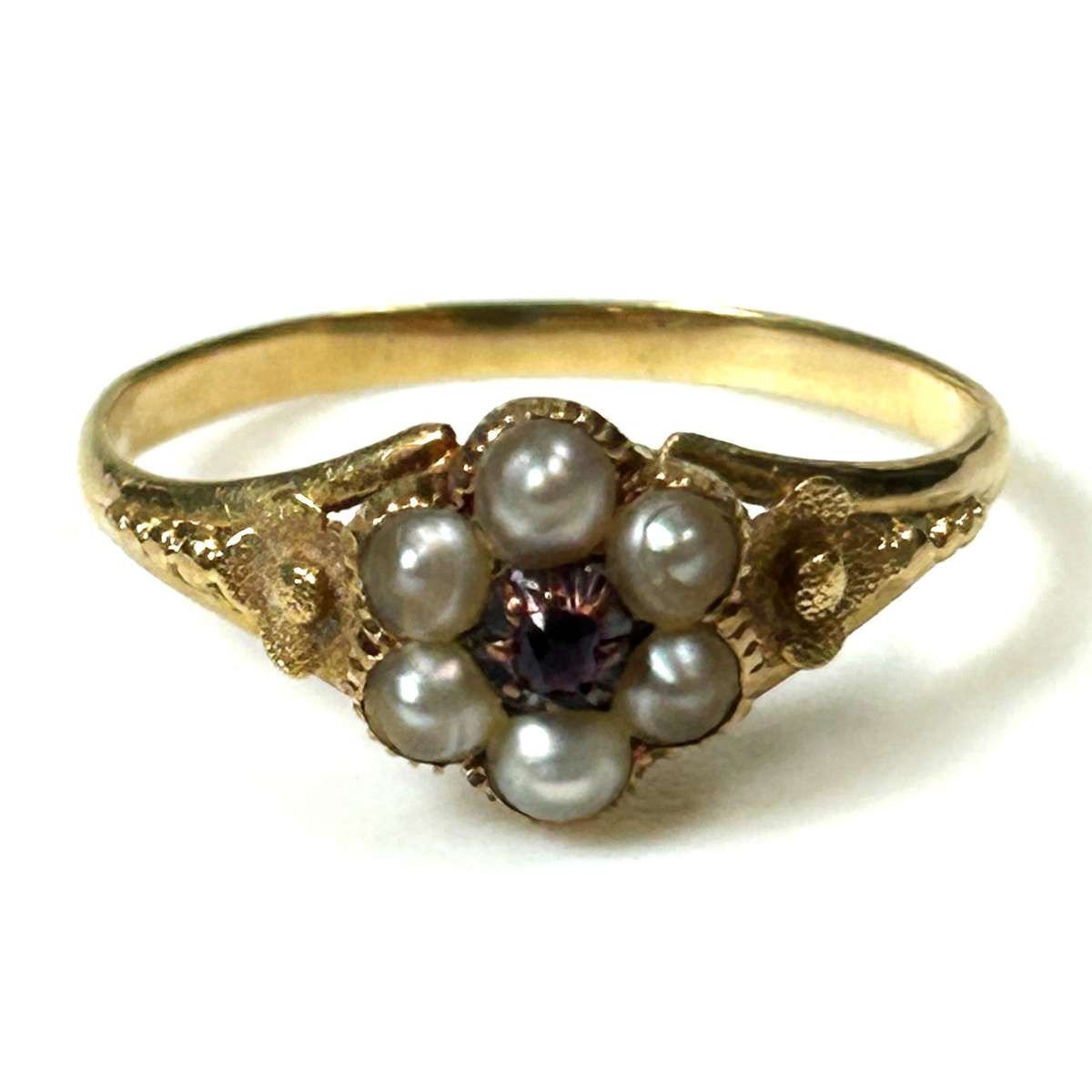 Antique 18ct Gold, Pearl and Ruby Flower Ring