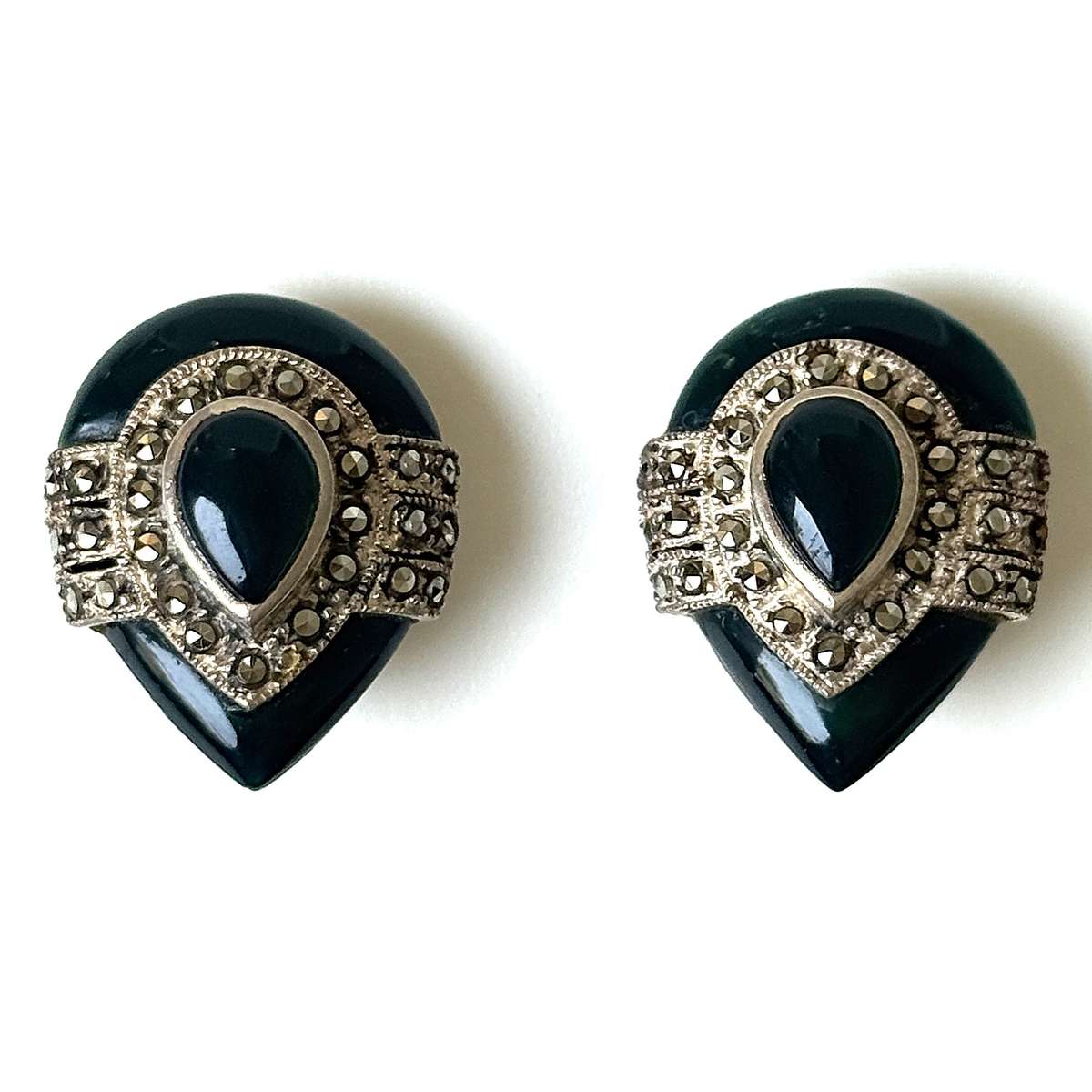 Art Deco Silver, Onyx and Marcasite Clip-on Earrings
