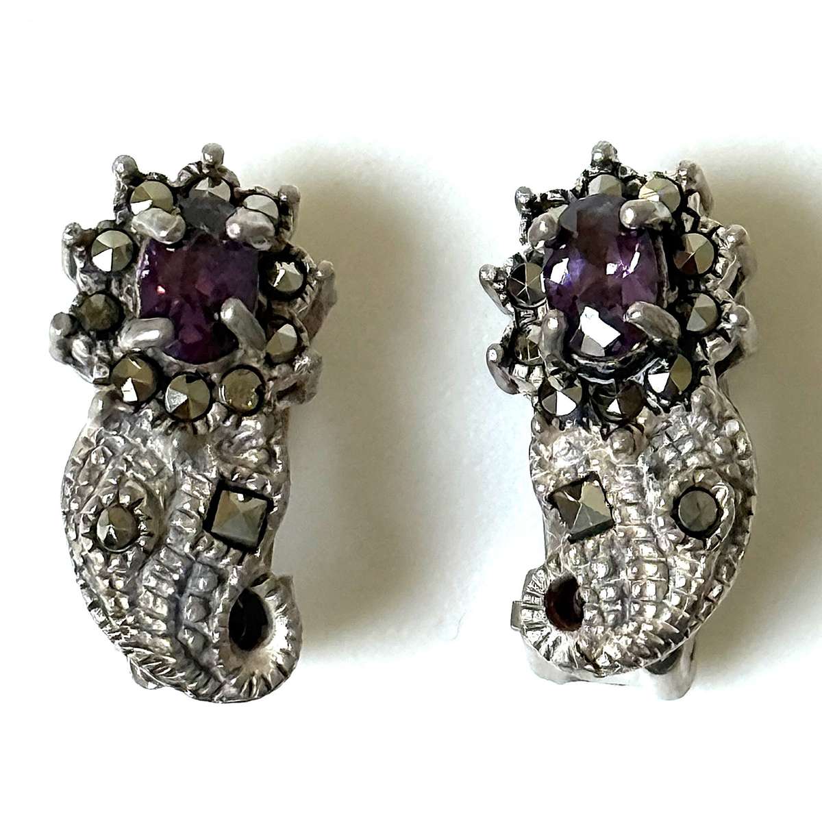 Vintage Silver, Amethyst and Marcasite Clip-on Earrings