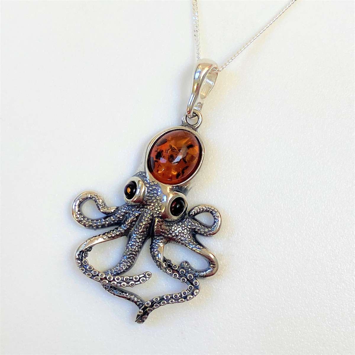 Sterling Silver and Amber Octopus Pendant on Chain