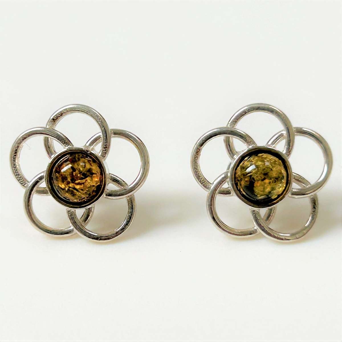 Sterling Silver and Amber Flower Stud Earrings