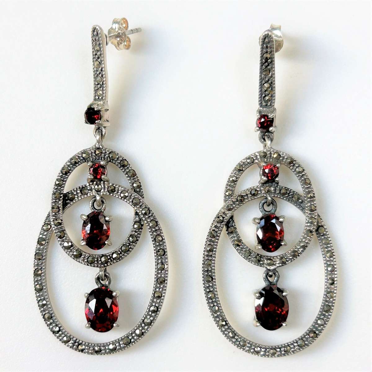 Sterling Silver, Garnet and Marcasite Drop Earrings