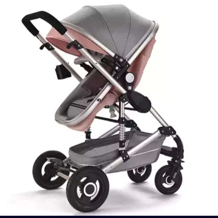 Baby Pram Stroller - 2 Positions Foldable Baby Pram - Grey/Pink