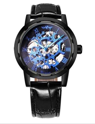 Automatic Skeleton Mechanical Watches - Black Leather Band - Blue Black