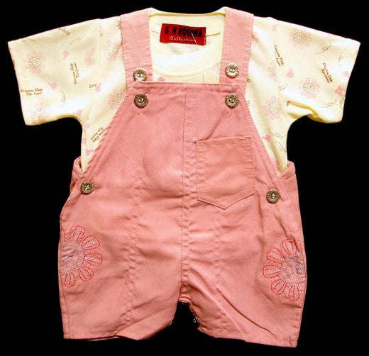INFANTS DUNGAREE & T SHIRT - 0-3 MONTHS / Pink and Yellow
