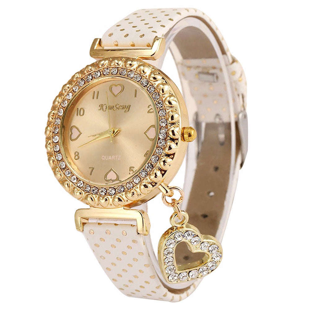 Ladies Rhinestone Heart Charm WristWatch - 5 Colours - White