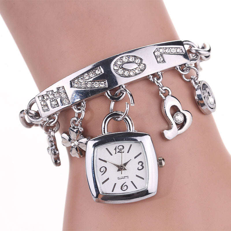 Rhinestone Love Pendant Watch - Silver