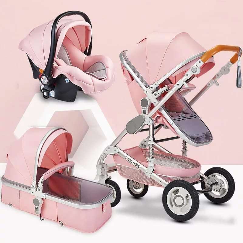 FREE Delivery - Baby Pram Stroller - 3 Function Foldable Baby Pram with Car Seat- Pink