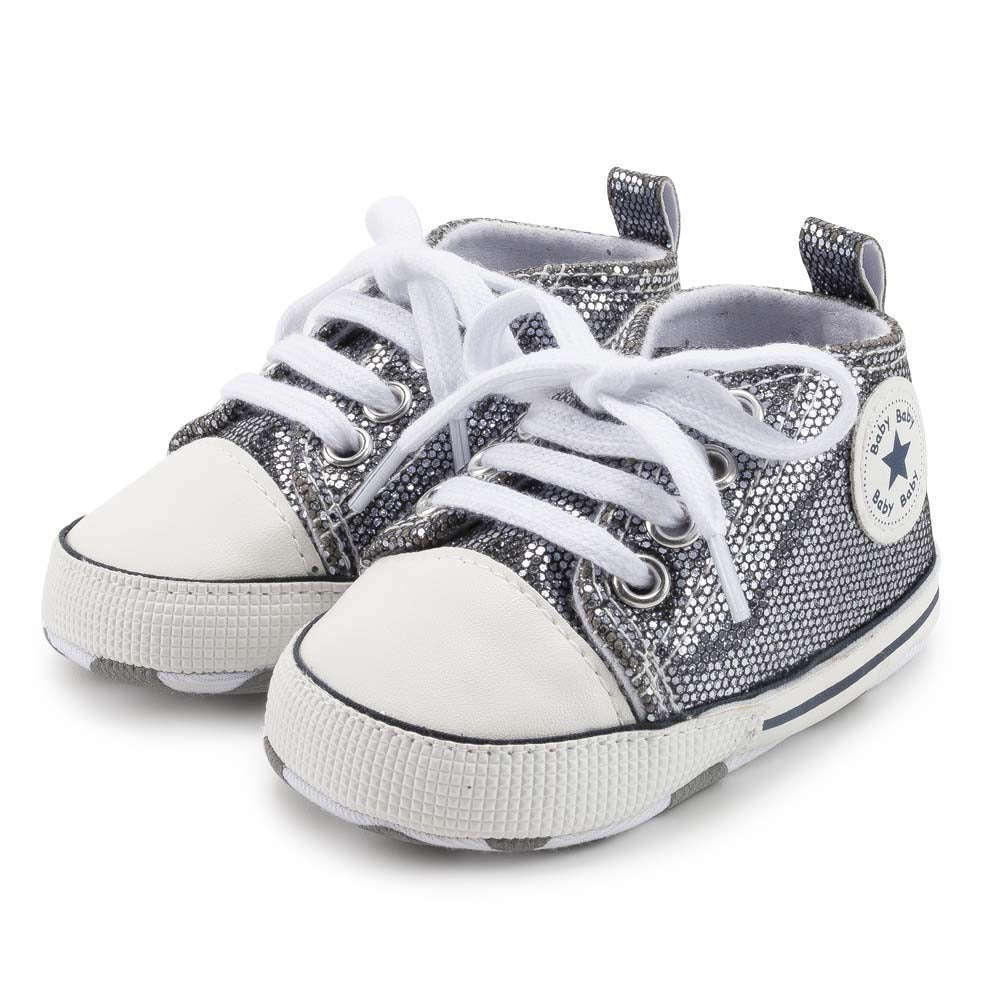 Infants Anti-slip Soft Sole Bling Canvas Sneakers - Grey - 0-6 months