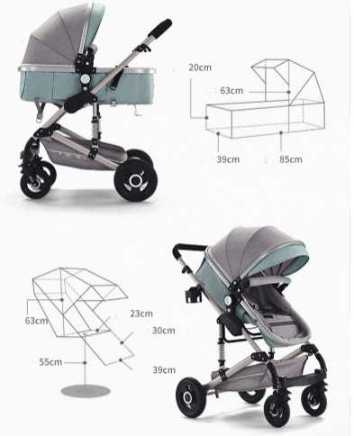 FREE Delivery - Baby Pram Stroller - 3 Function Foldable Baby Pram with Car Seat- mint green