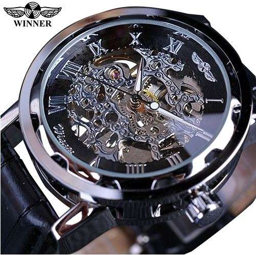 Automatic Skeleton Mechanical Watches - Black Leather Band - Silver Black