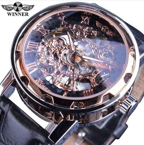 Automatic Skeleton Mechanical Watches -  Leather Band - Rose Black