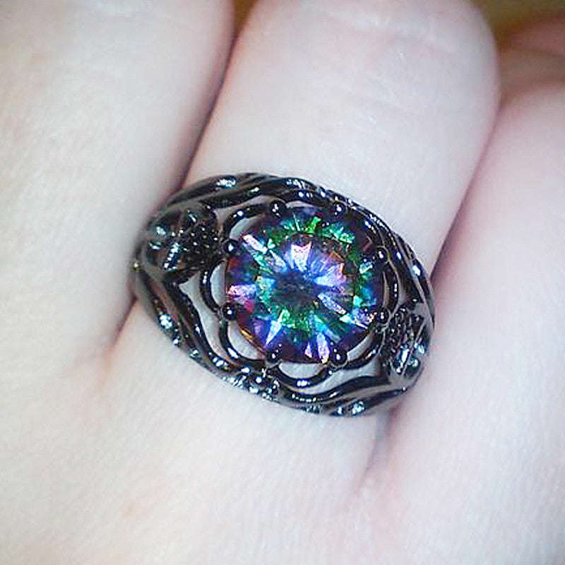 Black Gun Plated Opal Crystal Ring - Size 6